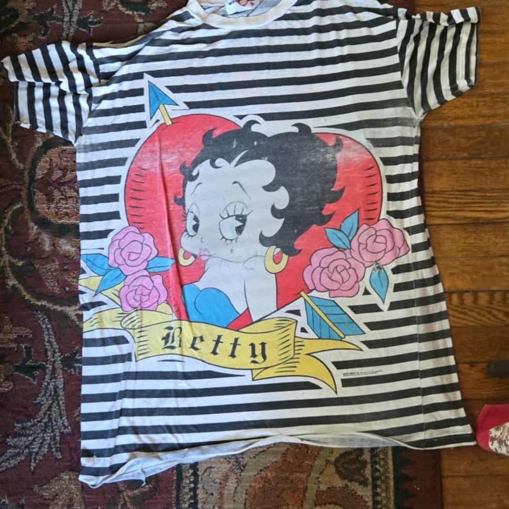 VTG 1994 Betty Boop Black and White Striped Sleep AOP Shirt